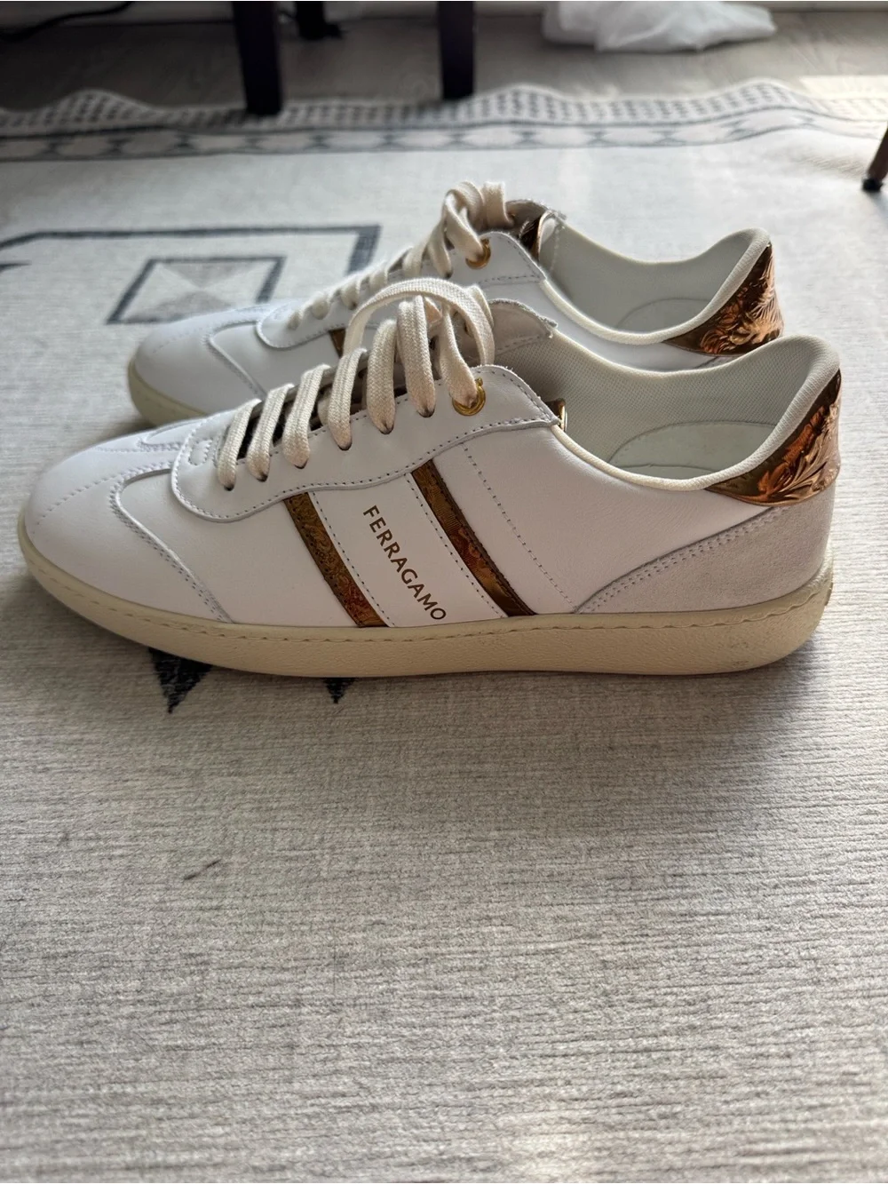 Salvatore Ferragamo Achille 2 White Gold Leather Sneakers Size 6 M NEW